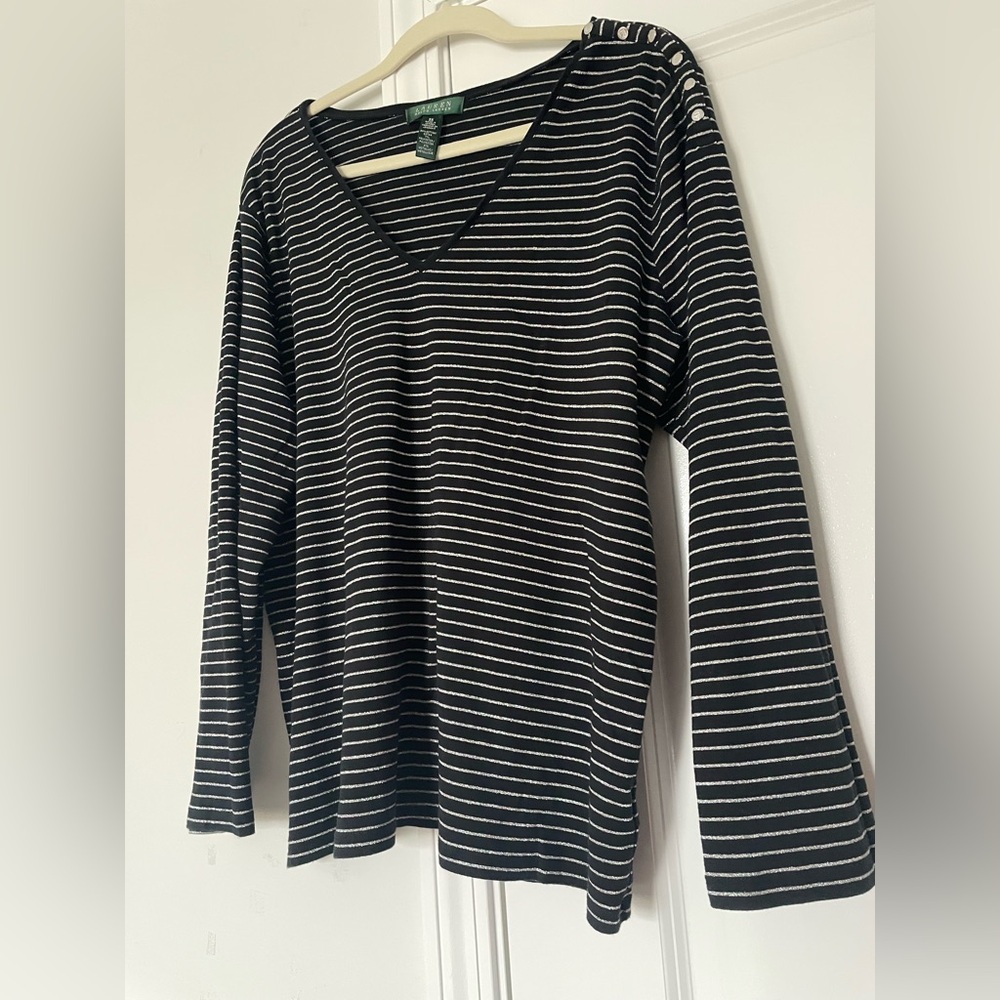 Lauren Ralph Lauren Plus 3X V Neck Top Shoulder Button Metallic Striped Preppy